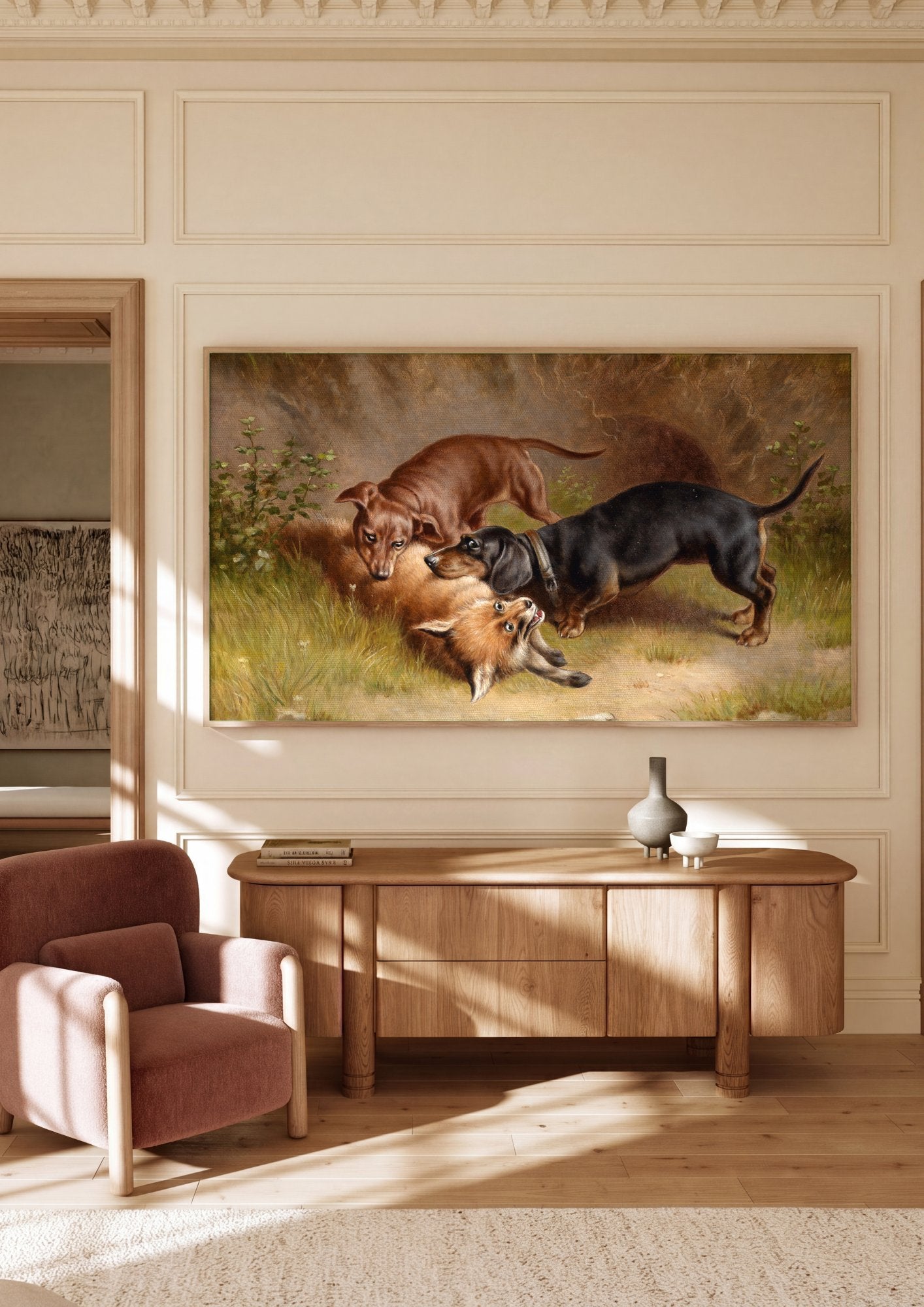 Quadro Decorativo Cães e Raposa - Carl Reichert em ambiente decorado