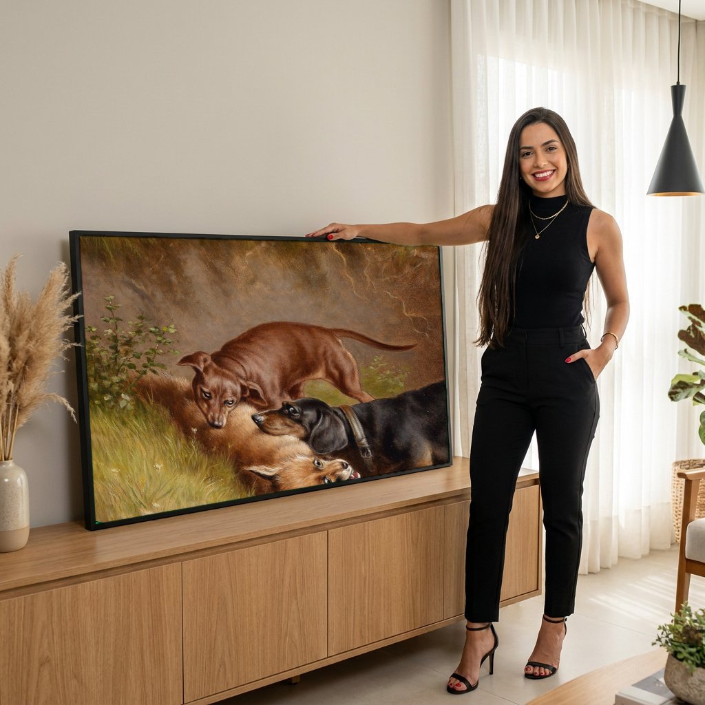 Quadro Decorativo Cães e Raposa - Carl Reichert com modelo em ambiente