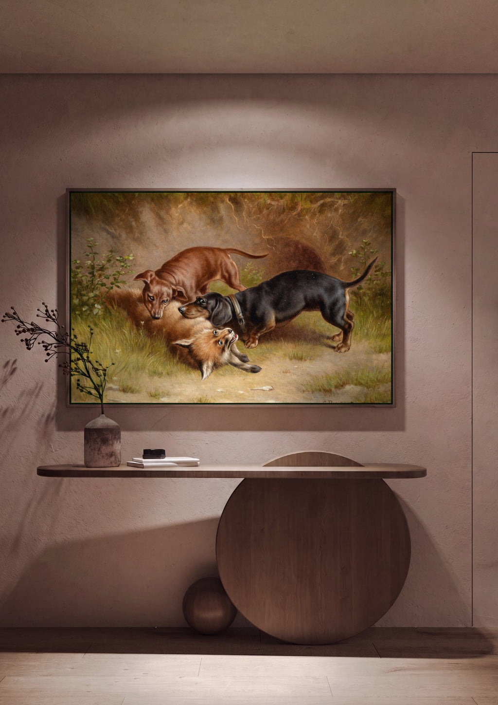 Quadro Decorativo Cães e Raposa - Carl Reichert em ambiente decorado