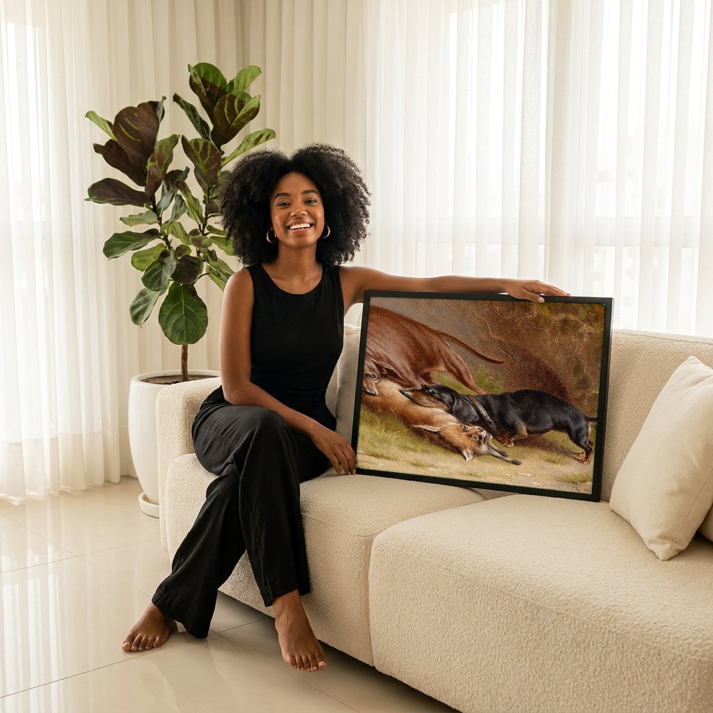 Quadro Decorativo Cães e Raposa - Carl Reichert com modelo em ambiente