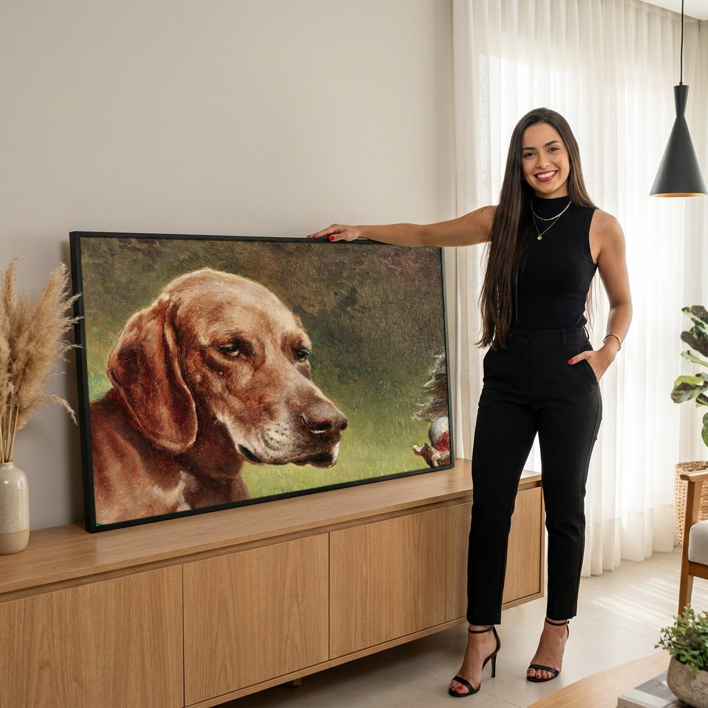 Quadro Decorativo Cães com Osso - Carl Reichert com modelo em ambiente