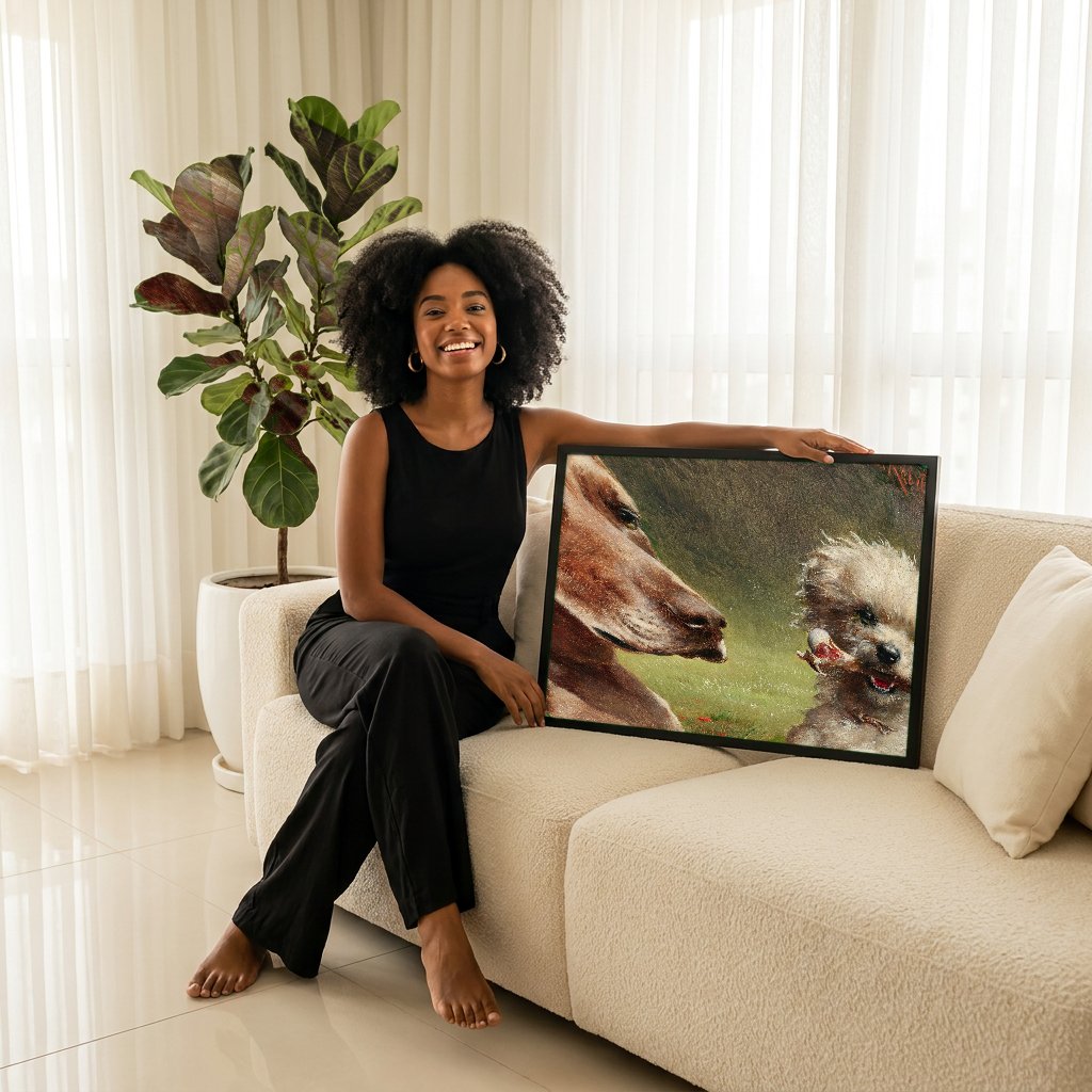 Quadro Decorativo Cães com Osso - Carl Reichert com modelo em ambiente