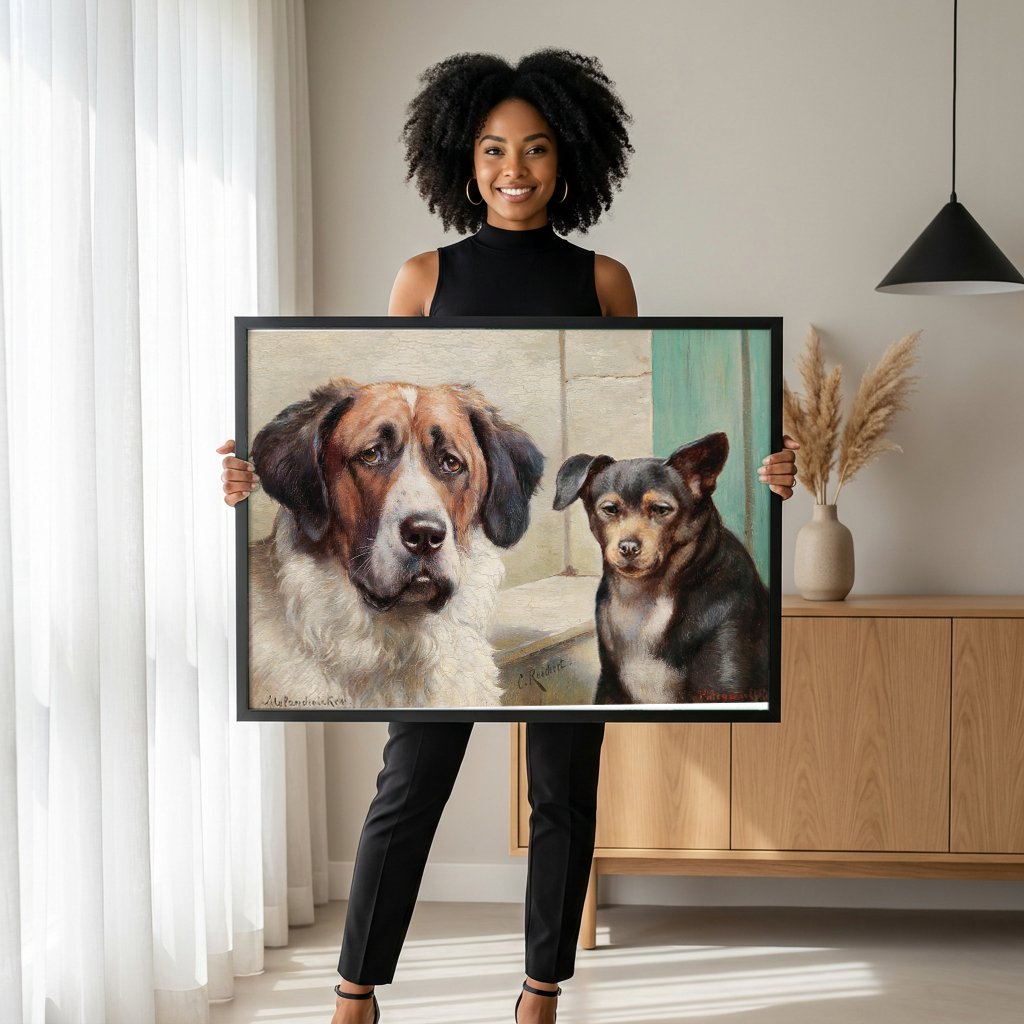 Quadro Decorativo Cães Sentados - Carl Reichert com modelo em ambiente