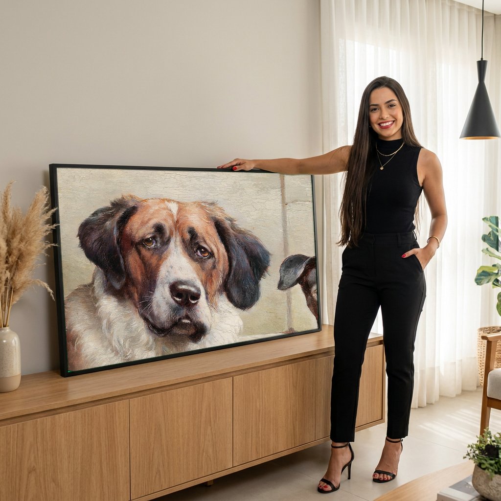 Quadro Decorativo Cães Sentados - Carl Reichert com modelo em ambiente