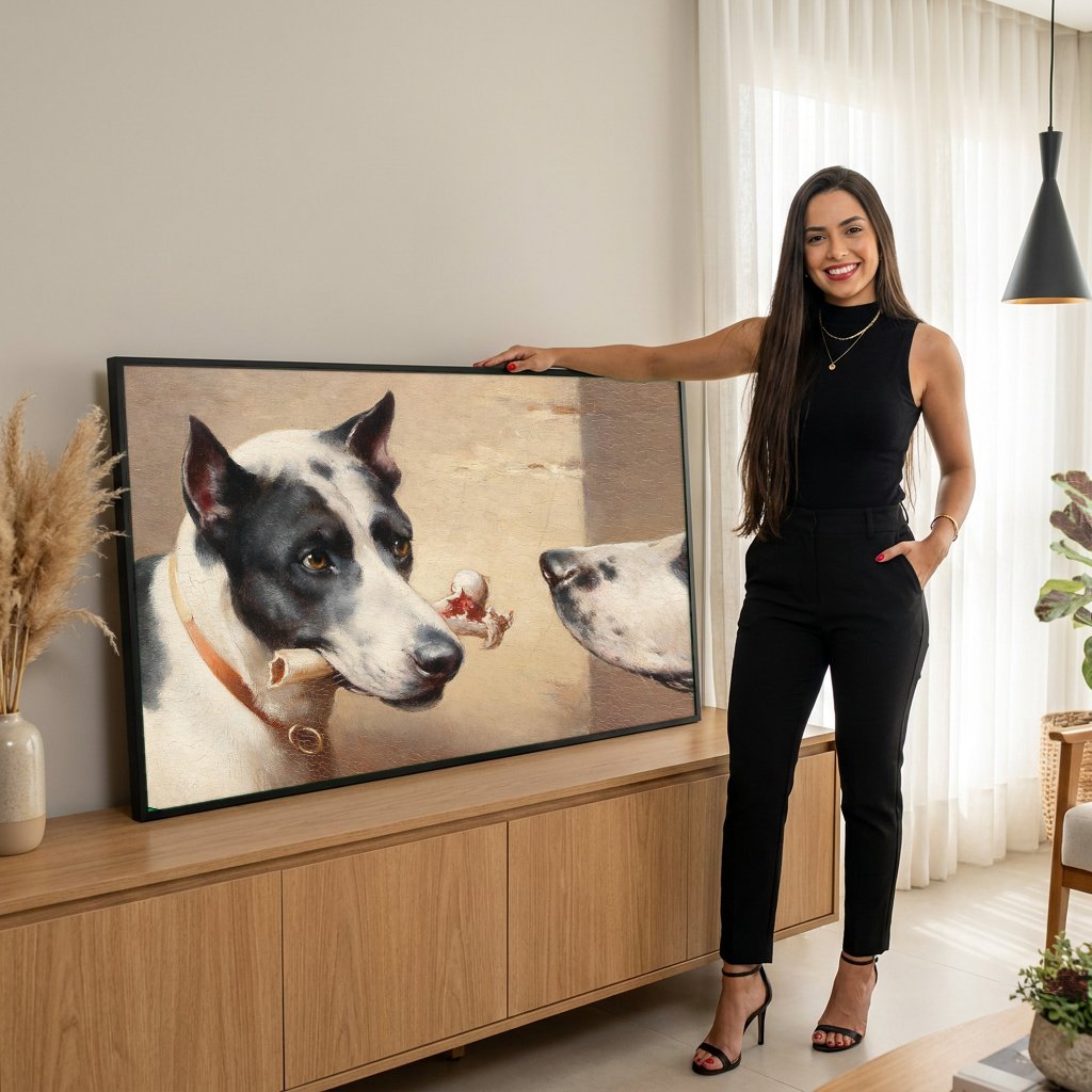 Quadro Decorativo Cães e o Osso - Carl Reichert com modelo em ambiente