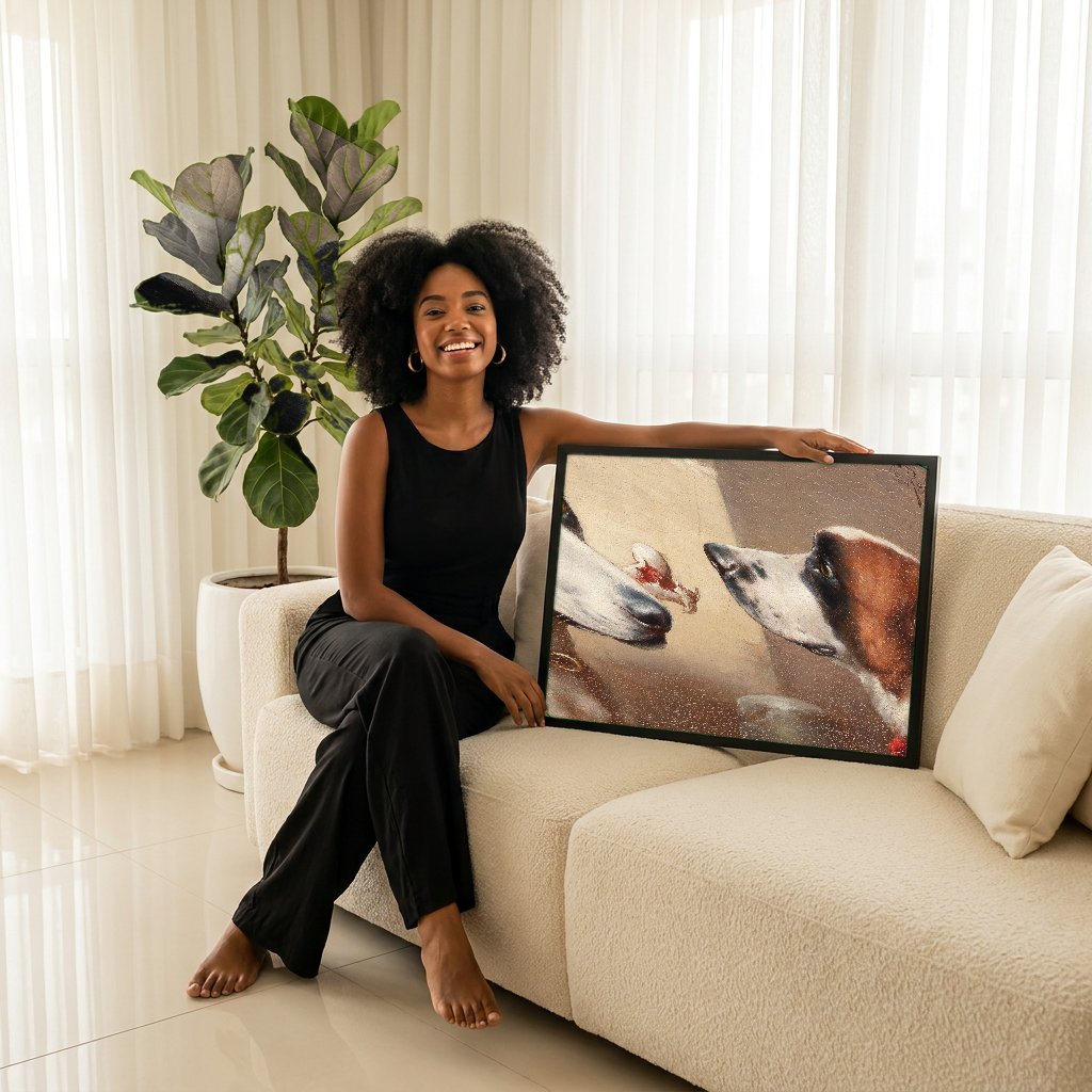 Quadro Decorativo Cães e o Osso - Carl Reichert com modelo em ambiente