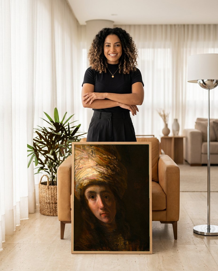 Quadro Decorativo Homem com Turbante - Rembrandt com modelo em ambiente