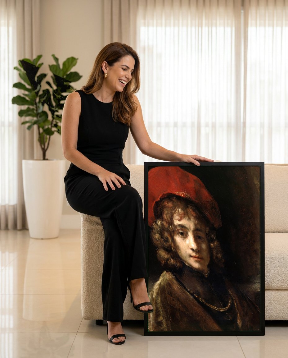 Quadro Decorativo Autorretrato Jovem - Rembrandt com modelo em ambiente
