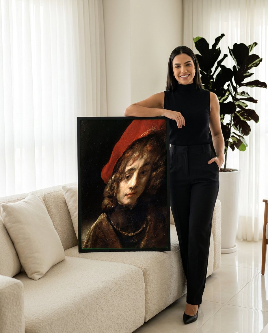Quadro Decorativo Autorretrato Jovem - Rembrandt com modelo em ambiente
