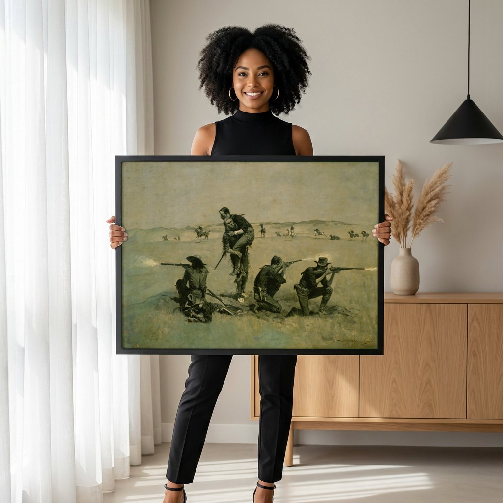 Quadro Decorativo A Batalha - Frederic Remington com modelo em ambiente