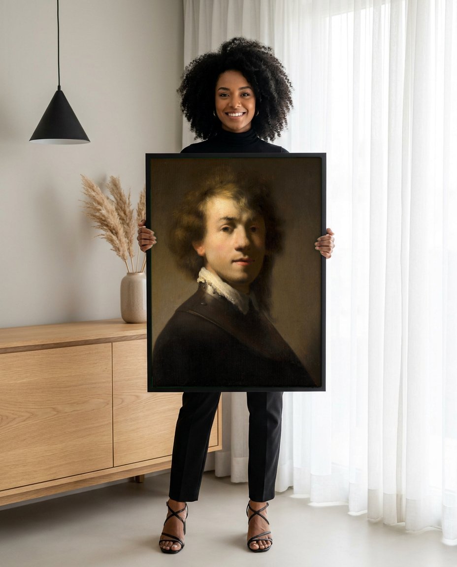 Quadro Decorativo Autorretrato Jovem - Rembrandt com modelo em ambiente