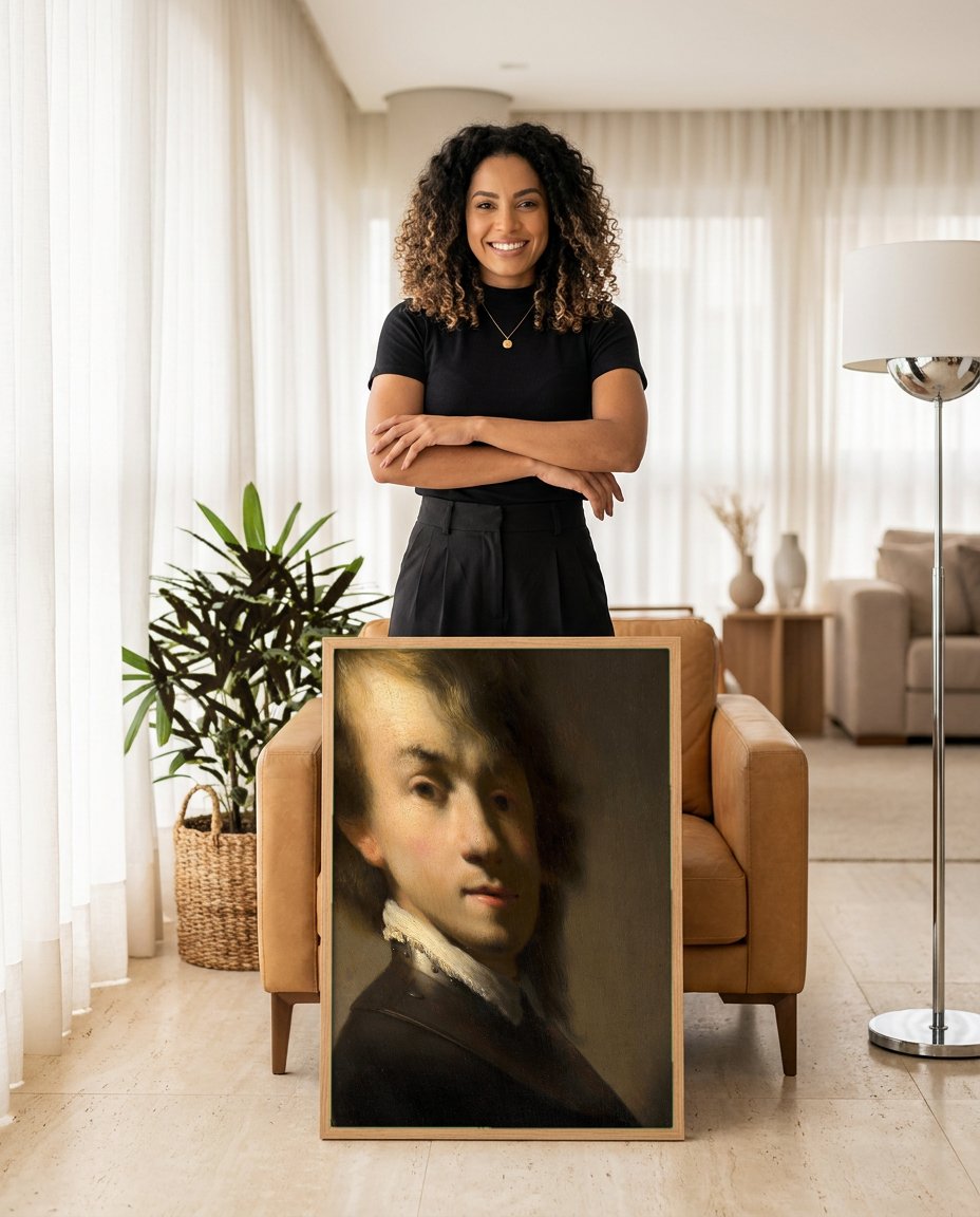 Quadro Decorativo Autorretrato Jovem - Rembrandt com modelo em ambiente