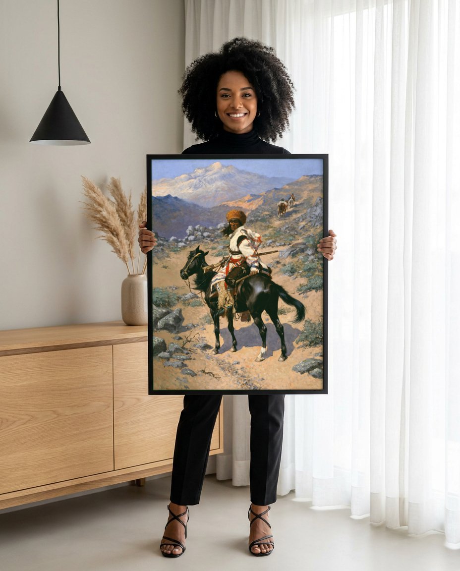 Quadro Decorativo O Batedor - Frederic Remington com modelo em ambiente