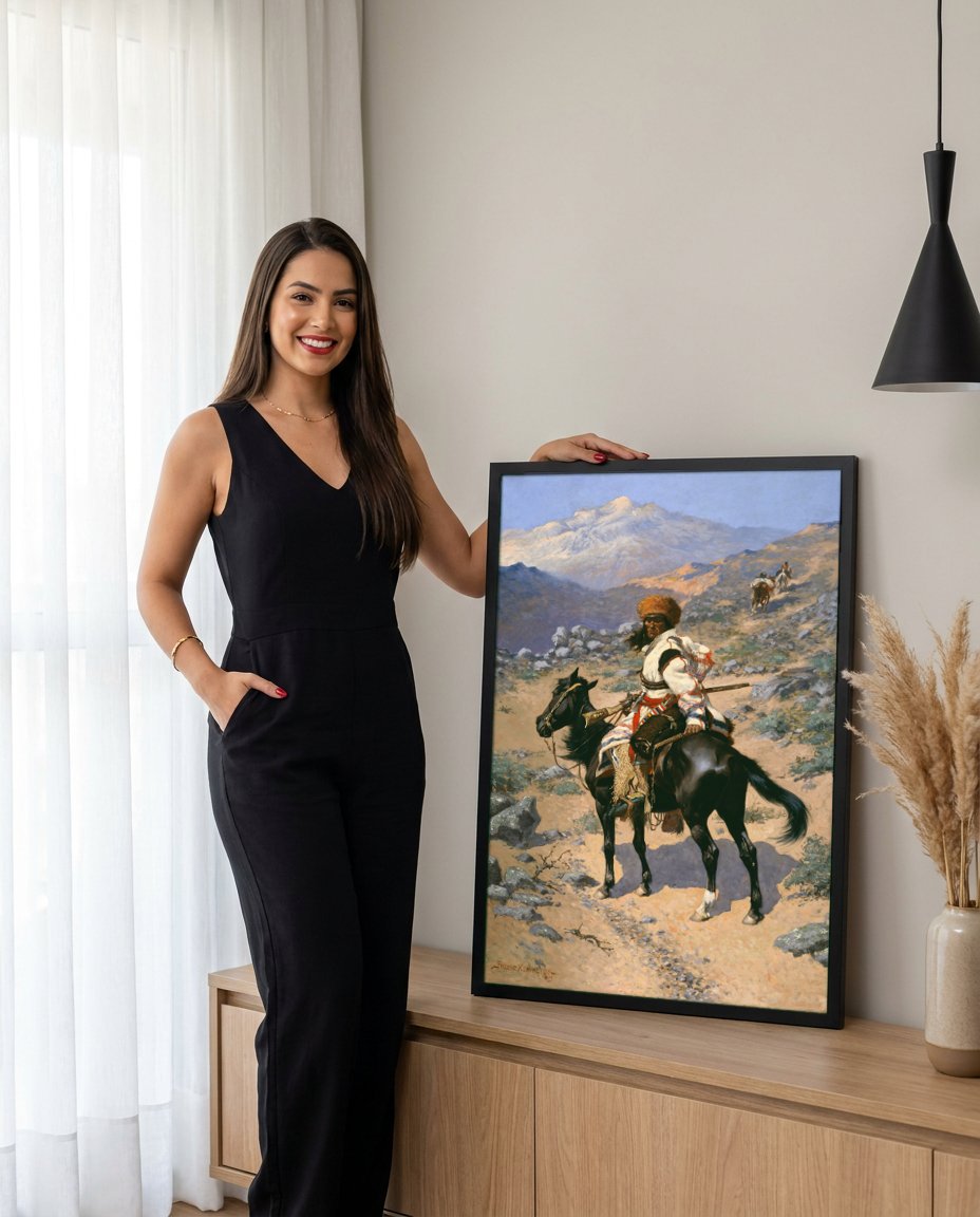 Quadro Decorativo O Batedor - Frederic Remington com modelo em ambiente