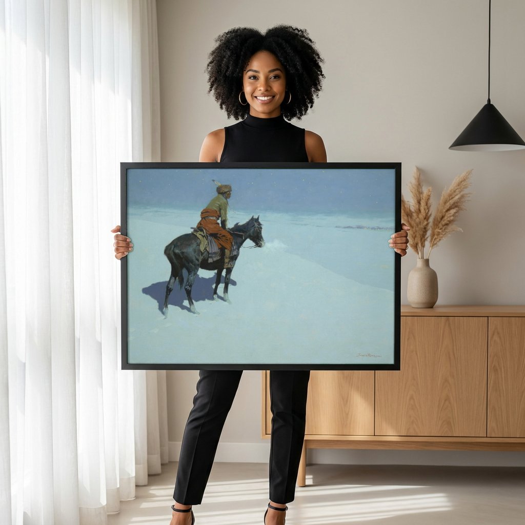 Quadro Decorativo 'The Scout' - Frederic Remington com modelo em ambiente