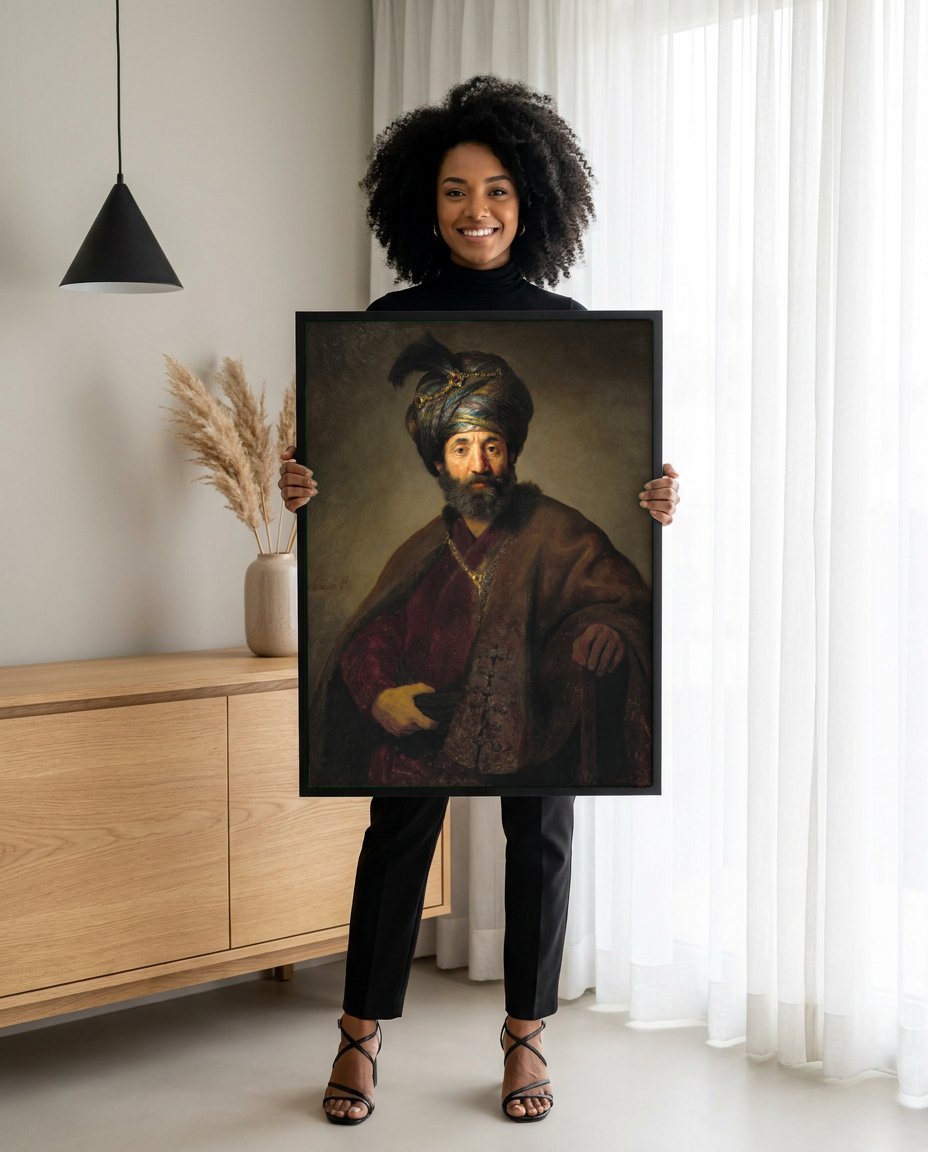Quadro Decorativo Homem com Turbante - Rembrandt com modelo em ambiente