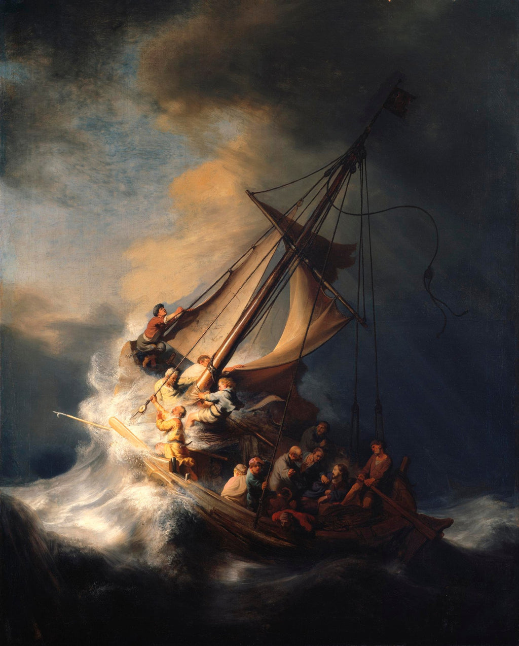 Quadro decorativo mostrando a pintura 'A Tempestade no Mar da Galileia' de Rembrandt, com um barco de pescadores em meio a uma tempestade violenta no mar, ondas gigantescas e céu escuro. A luz ilumina o centro da embarcação e os personagens.