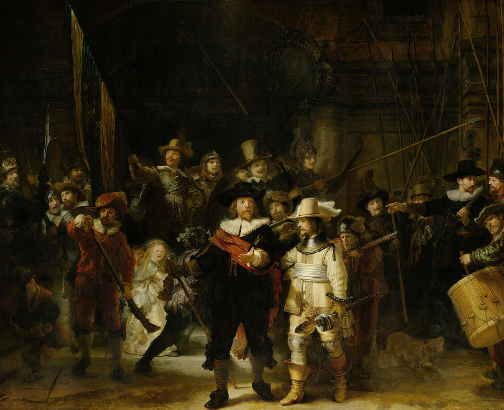 Uma pintura a óleo de Rembrandt, A Ronda Noturna, retratando uma milícia cívica holandesa em movimento, com figuras iluminadas por um foco de luz dramático e sombras profundas, criando uma cena dinâmica e cheia de vida.