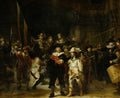 Uma pintura a óleo de Rembrandt, A Ronda Noturna, retratando uma milícia cívica holandesa em movimento, com figuras iluminadas por um foco de luz dramático e sombras profundas, criando uma cena dinâmica e cheia de vida.