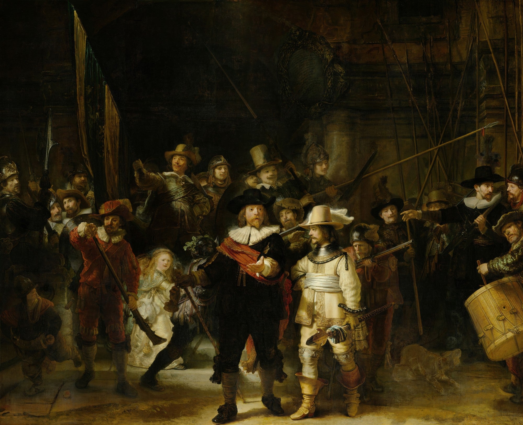Uma pintura a óleo de Rembrandt, A Ronda Noturna, retratando uma milícia cívica holandesa em movimento, com figuras iluminadas por um foco de luz dramático e sombras profundas, criando uma cena dinâmica e cheia de vida.