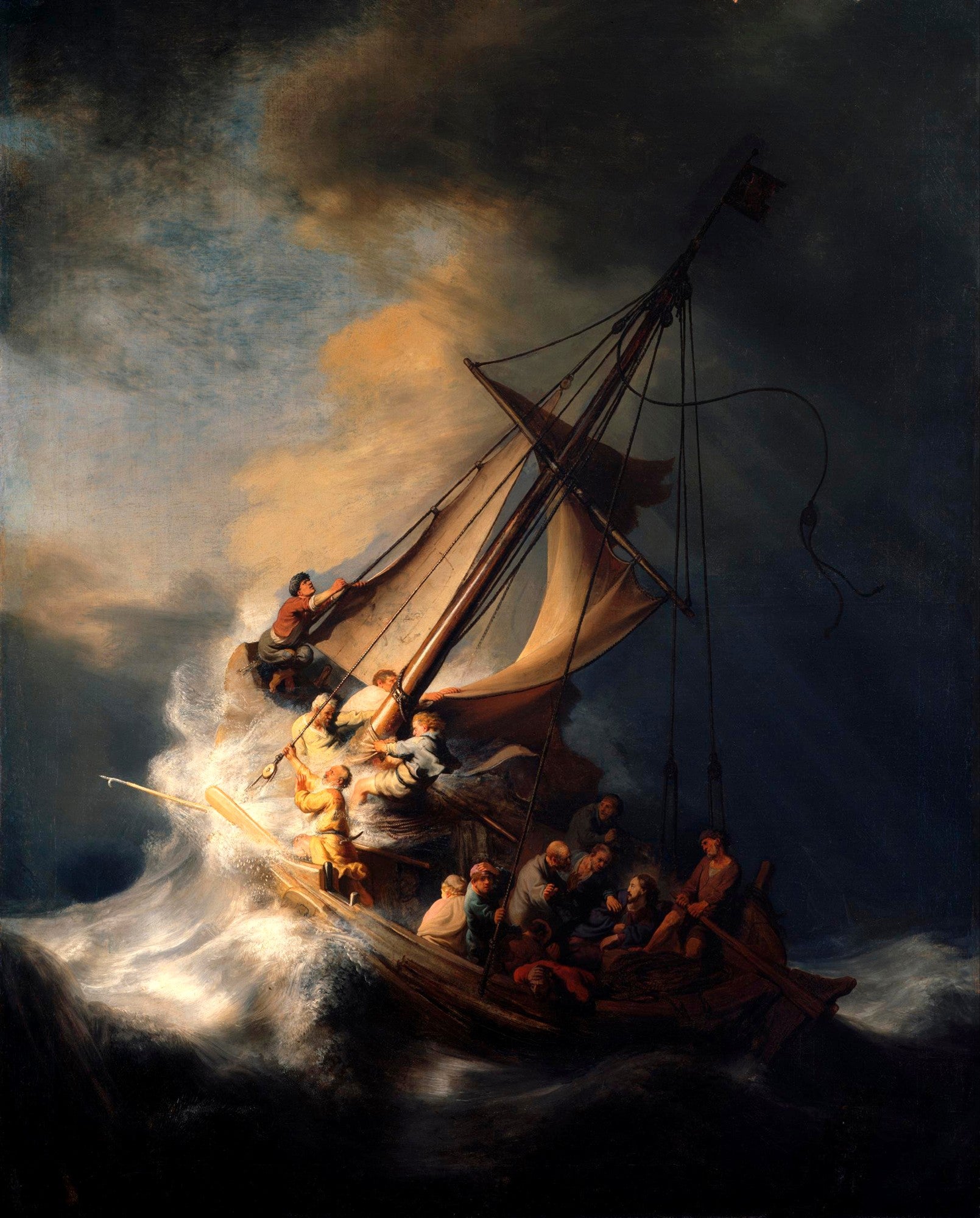 Quadro decorativo mostrando a pintura 'A Tempestade no Mar da Galileia' de Rembrandt, com um barco balançando em ondas turbulentas sob um céu escuro e tempestuoso, com raios de luz iluminando a cena e tripulantes em pânico.