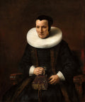 Quadro decorativo com um retrato de uma mulher idosa de Rembrandt, com gola branca plissada, segurando um livro e óculos. Fundo escuro.