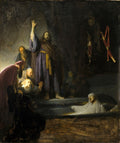 Quadro decorativo "A Ressurreição de Lázaro" de Rembrandt, mostrando Jesus com a mão levantada, Lázaro saindo do túmulo e figuras ao redor com expressões de surpresa e reverência.