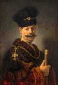 Retrato de um homem com bigode, gorro de pele e casaco de pele, segurando um bastão, pintado por Rembrandt.
