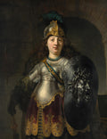 Retrato de mulher com armadura cinza e dourada, capacete com pena verde, segurando um escudo com a cabeça da Medusa, em estilo barroco de Rembrandt.