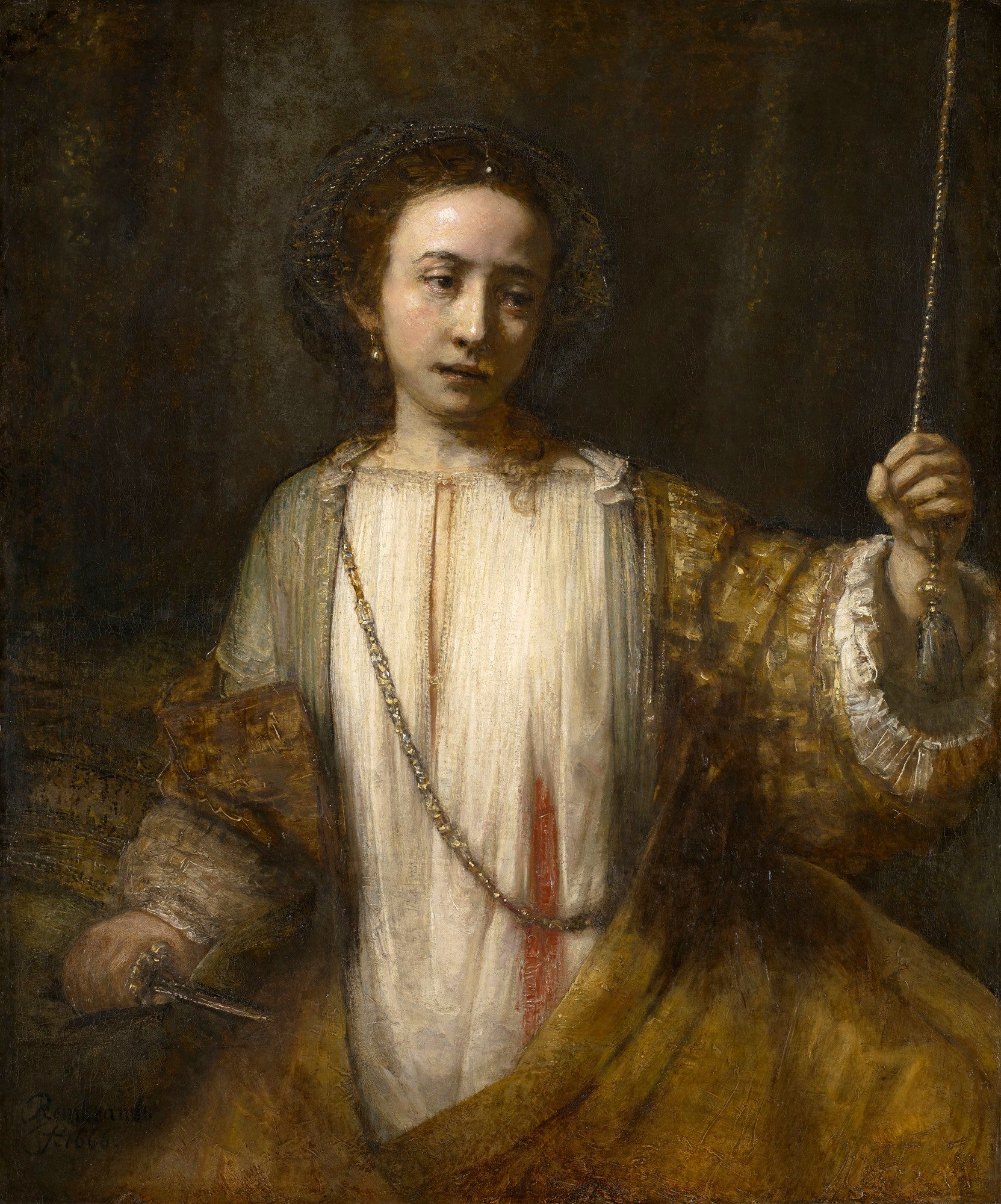 Retrato barroco de uma mulher, possivelmente Artemísia ou Minerva, com expressão pensativa, vestindo roupas ricas e segurando um objeto, com iluminação dramática de Rembrandt.