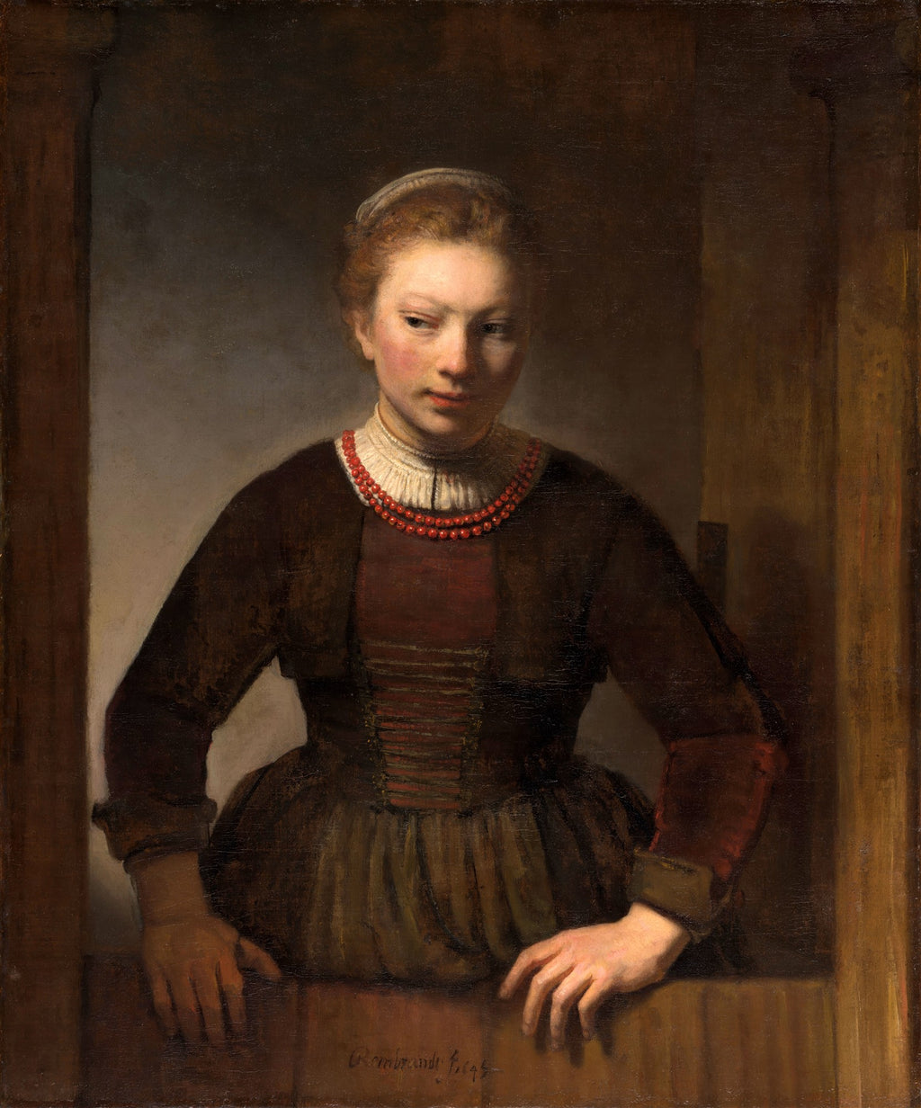 Retrato de uma jovem com colar de coral vermelho, olhando para a esquerda, com iluminação dramática, atribuído a Rembrandt van Rijn.