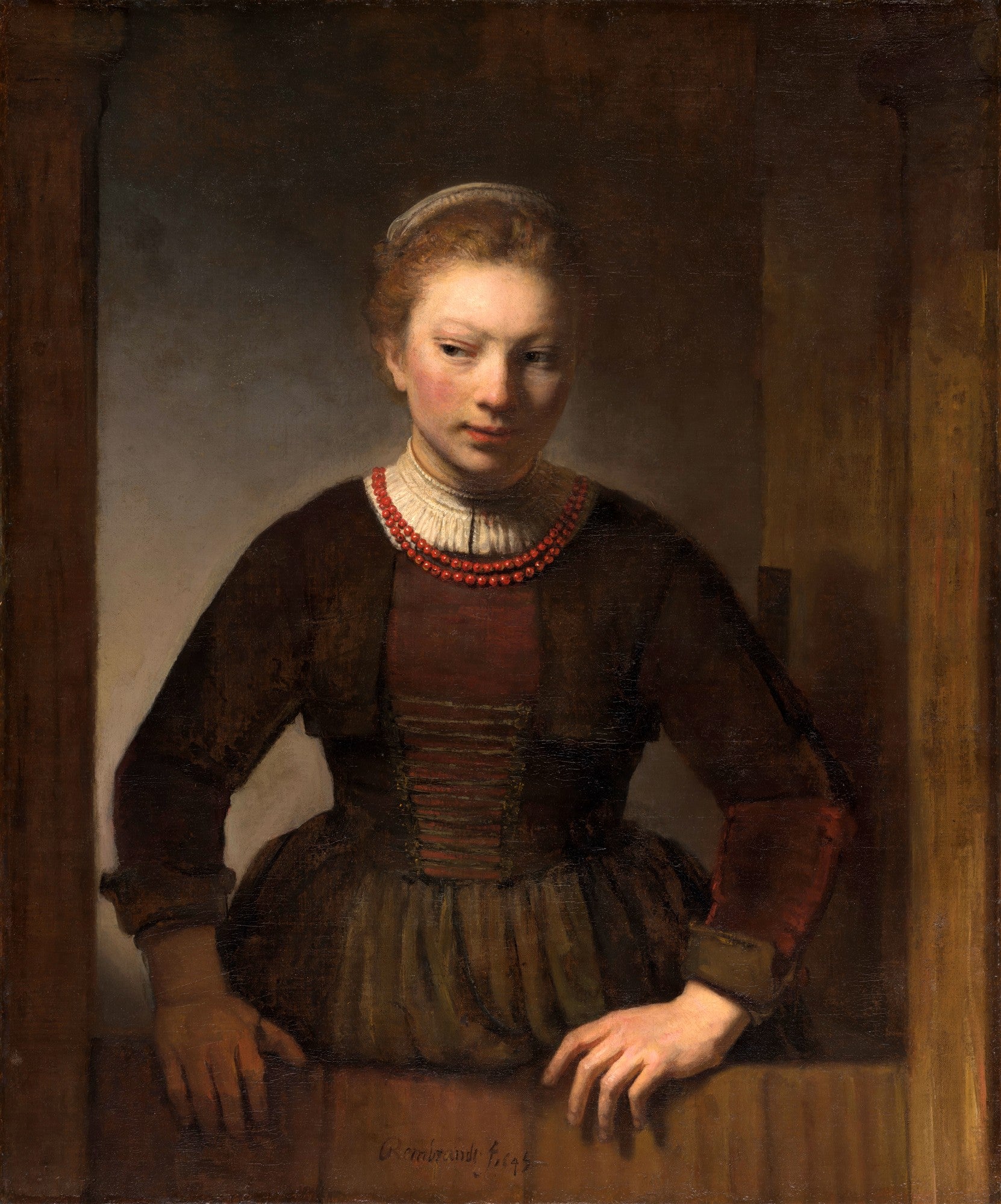 Retrato de uma jovem com colar de coral vermelho, olhando para a esquerda, com iluminação dramática, atribuído a Rembrandt van Rijn.