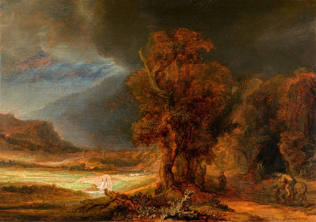 Uma pintura a óleo de paisagem dramática atribuída a Rembrandt van Rijn, mostrando uma cena bíblica com o Bom Samaritano. Nuvens escuras e tempestuosas dominam o céu, enquanto a luz ilumina um vale e um rio ao longe. Árvores escuras e retorcidas no primeiro plano e figuras pequenas na estrada, incluindo uma cena de resgate.