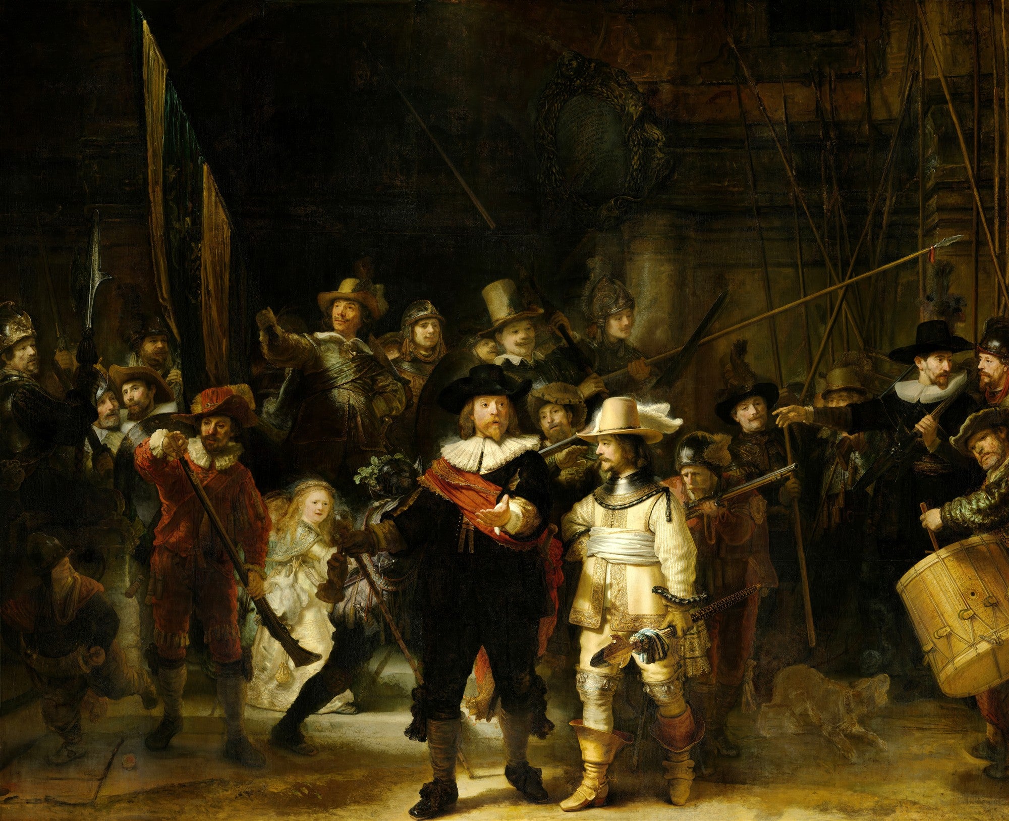 Quadro decorativo "A Ronda Noturna" de Rembrandt, representando um grupo de milicianos em movimento, com jogo de luz e sombra dramático.