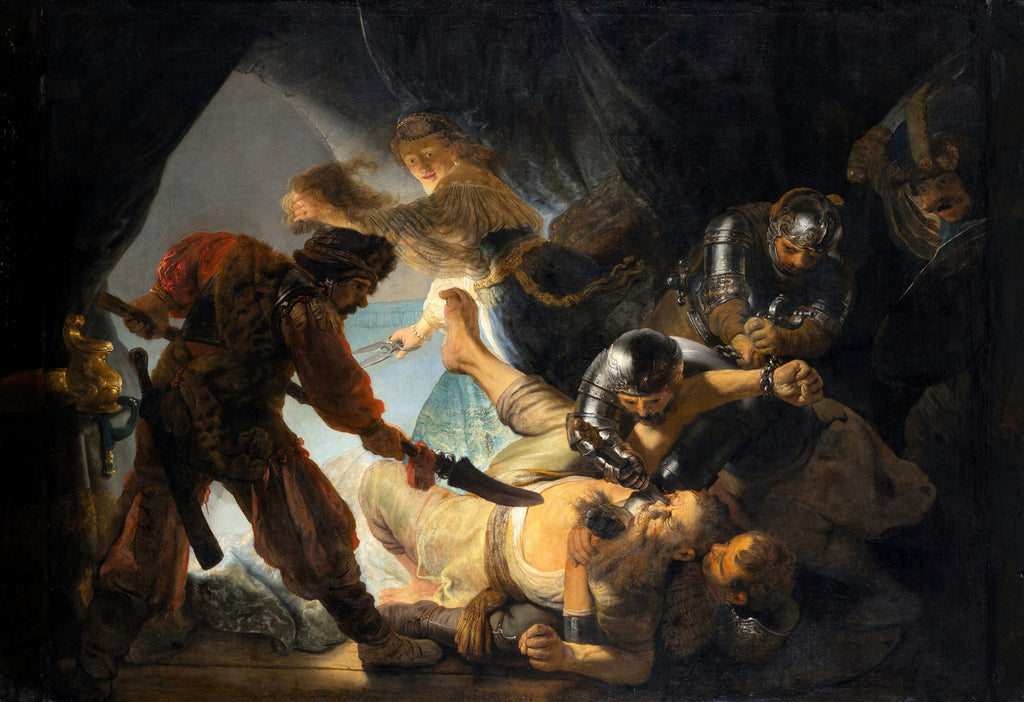 Quadro "A Cegueira de Sansão" de Rembrandt, mostrando Sansão no chão sendo subjugado e cegado por seus inimigos, com Dália segurando uma tesoura e um homem com uma espada.