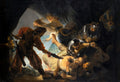 Quadro "A Cegueira de Sansão" de Rembrandt, mostrando Sansão no chão sendo subjugado e cegado por seus inimigos, com Dália segurando uma tesoura e um homem com uma espada.