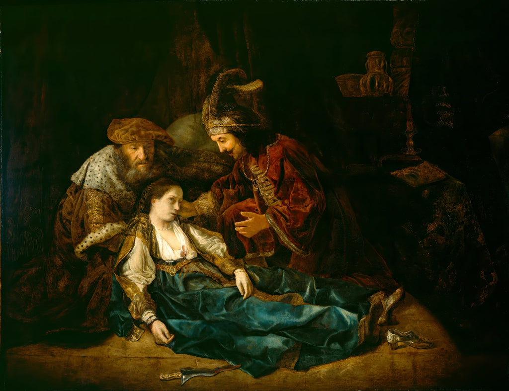 Quadro decorativo A Morte de Lucrécia de Rembrandt, mostrando uma mulher caída sendo amparada por dois homens, em um cenário de luz e sombra.