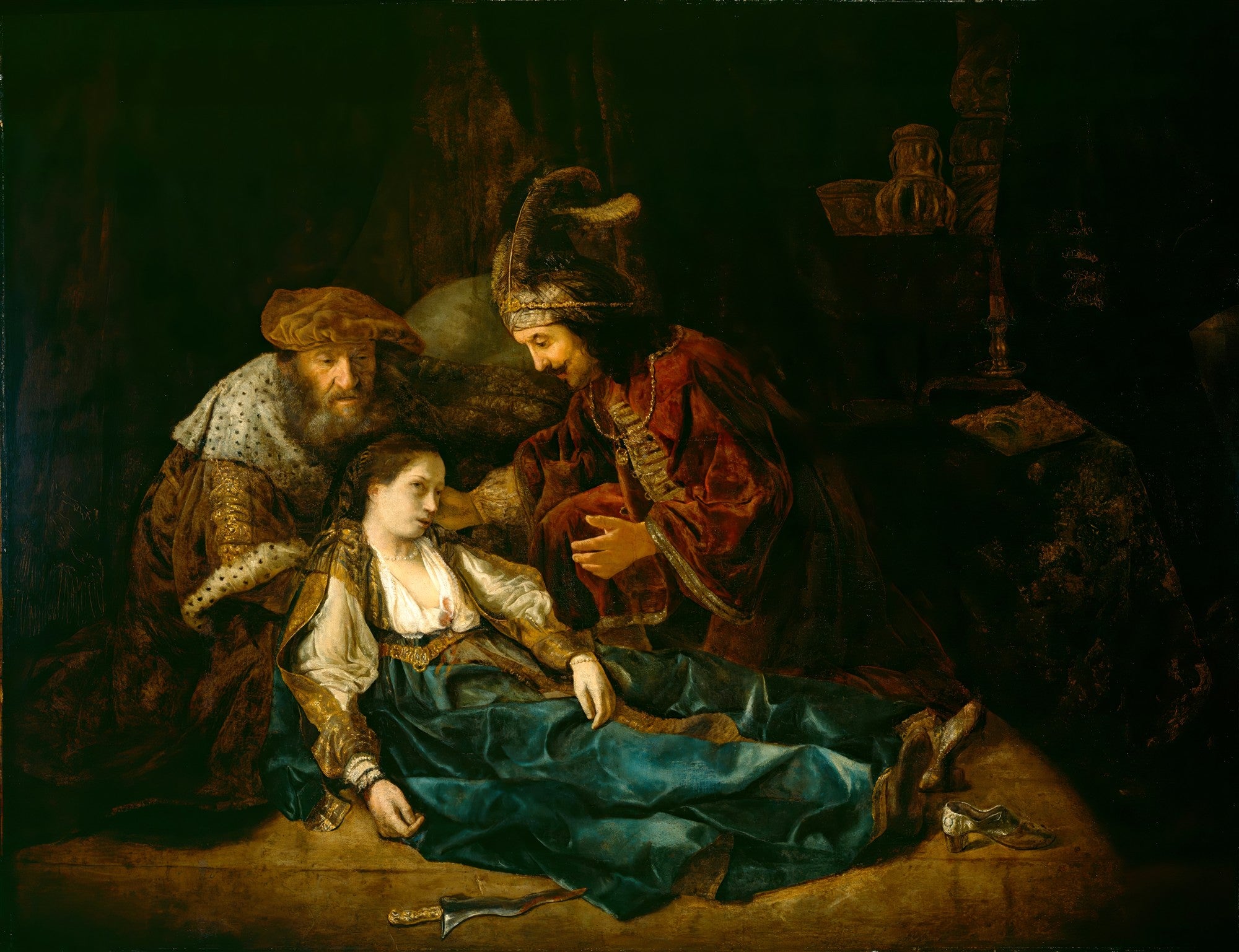 Quadro decorativo A Morte de Lucrécia de Rembrandt, mostrando uma mulher caída sendo amparada por dois homens, em um cenário de luz e sombra.