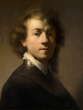 Autorretrato jovem de Rembrandt van Rijn, um homem com cabelo encaracolado e roupa escura, olhando diretamente para o observador com uma expressão séria. A iluminação dramática destaca seu rosto e cabelo contra um fundo escuro.