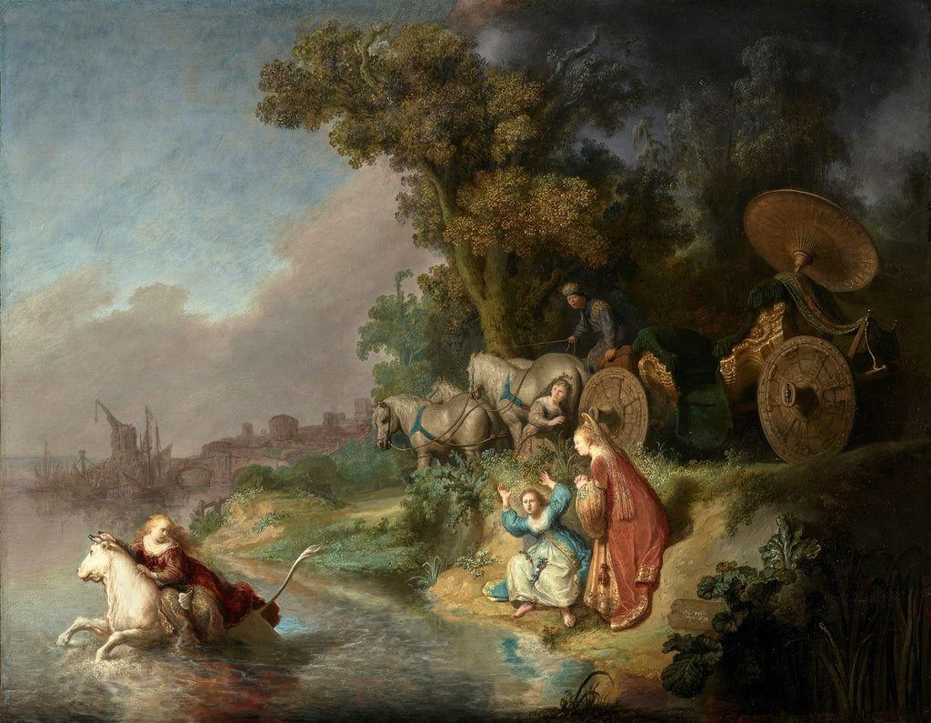 Quadro decorativo O Rapto de Europa de Rembrandt van Rijn, mostrando uma cena mitológica com uma mulher em um touro branco emergindo da água, e outras mulheres em terra em pânico. Carruagem e cavalos ao fundo, paisagem com árvores e cidade portuária distante.