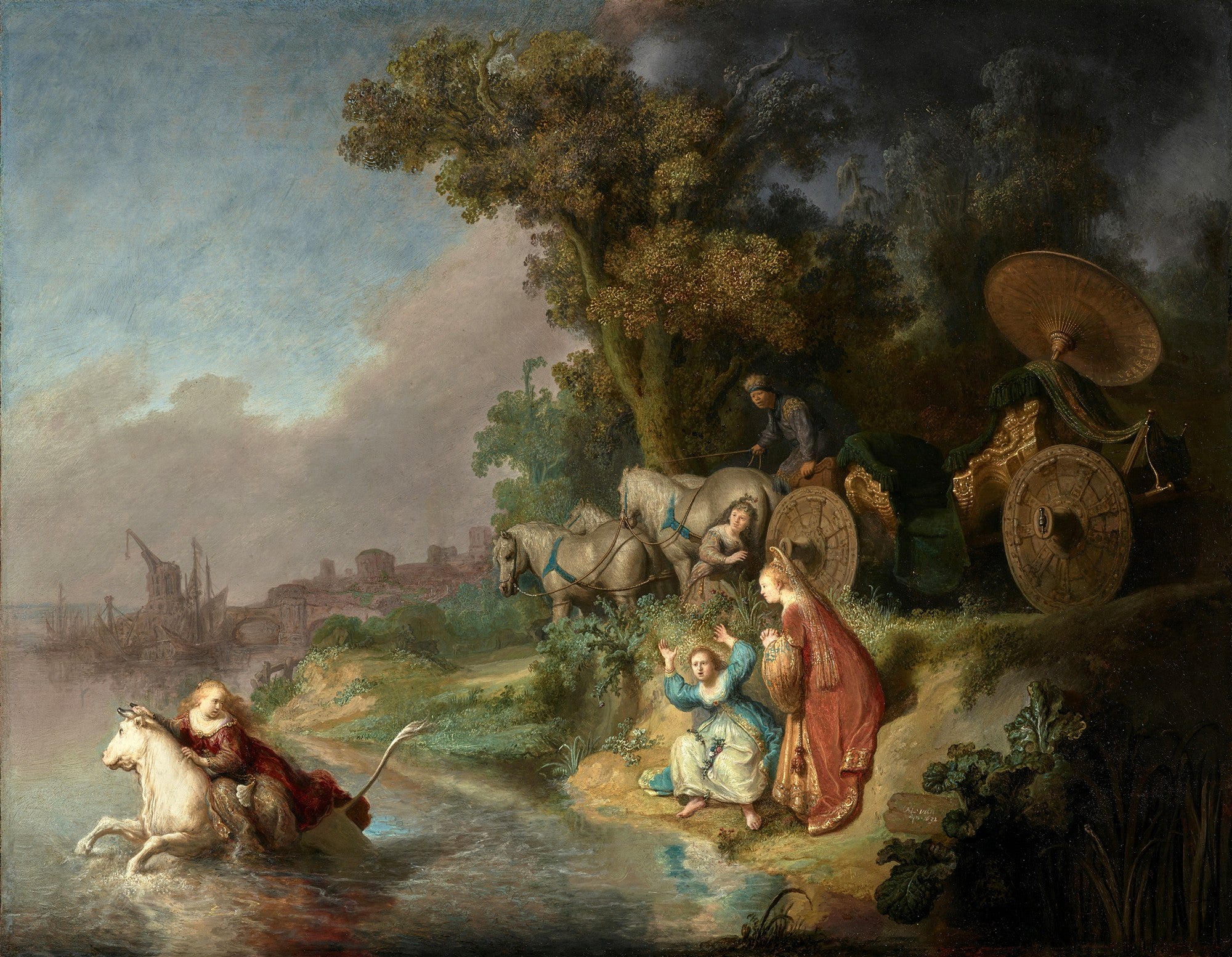 Quadro decorativo O Rapto de Europa de Rembrandt van Rijn, mostrando uma cena mitológica com uma mulher em um touro branco emergindo da água, e outras mulheres em terra em pânico. Carruagem e cavalos ao fundo, paisagem com árvores e cidade portuária distante.