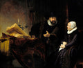 Quadro decorativo 'A Conversa' de Rembrandt, mostrando um homem e uma mulher em diálogo íntimo, iluminados por uma luz dramática, com livros e um castiçal em uma mesa.