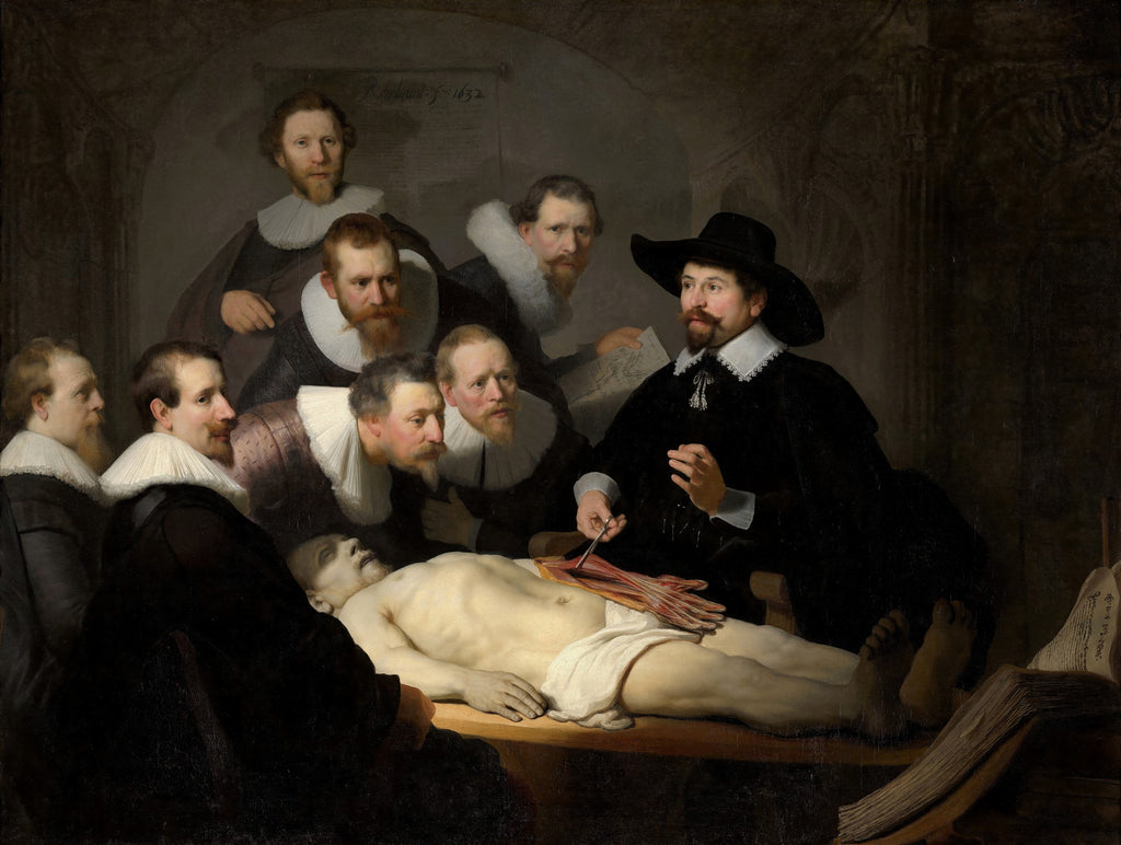Quadro decorativo com a pintura 'A Lição de Anatomia do Dr. Nicolaes Tulp' de Rembrandt, retratando o Dr. Tulp e outros médicos em torno de um corpo dissecado, com iluminação dramática e expressões focadas.