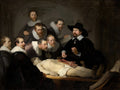 Quadro decorativo com a pintura 'A Lição de Anatomia do Dr. Nicolaes Tulp' de Rembrandt, retratando o Dr. Tulp e outros médicos em torno de um corpo dissecado, com iluminação dramática e expressões focadas.