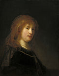 Retrato de uma mulher jovem, com expressão serena e enigmática, em tons escuros e iluminação suave, atribuído a Rembrandt.