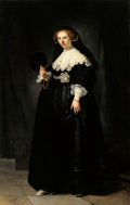 Retrato de mulher elegante do século XVII, vestindo um traje escuro com gola de renda branca, segurando um leque, pintada por Rembrandt.