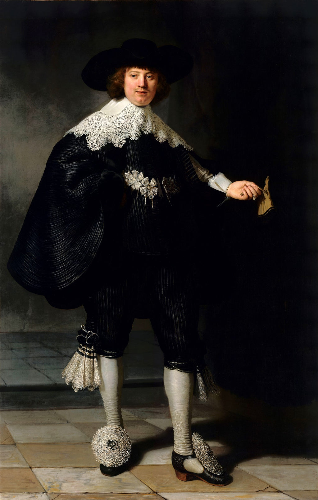 Retrato de Jovem Cavalheiro de Rembrandt, figura masculina em vestes escuras e chapéu, com gola de renda branca, contra fundo escuro, pose elegante.