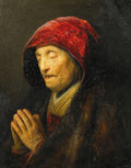 Retrato de uma mulher idosa em oração, com um véu vermelho e vestes escuras, pintada por Rembrandt. Seus olhos estão fechados e as mãos unidas em prece. A iluminação dramática destaca seu rosto envelhecido.