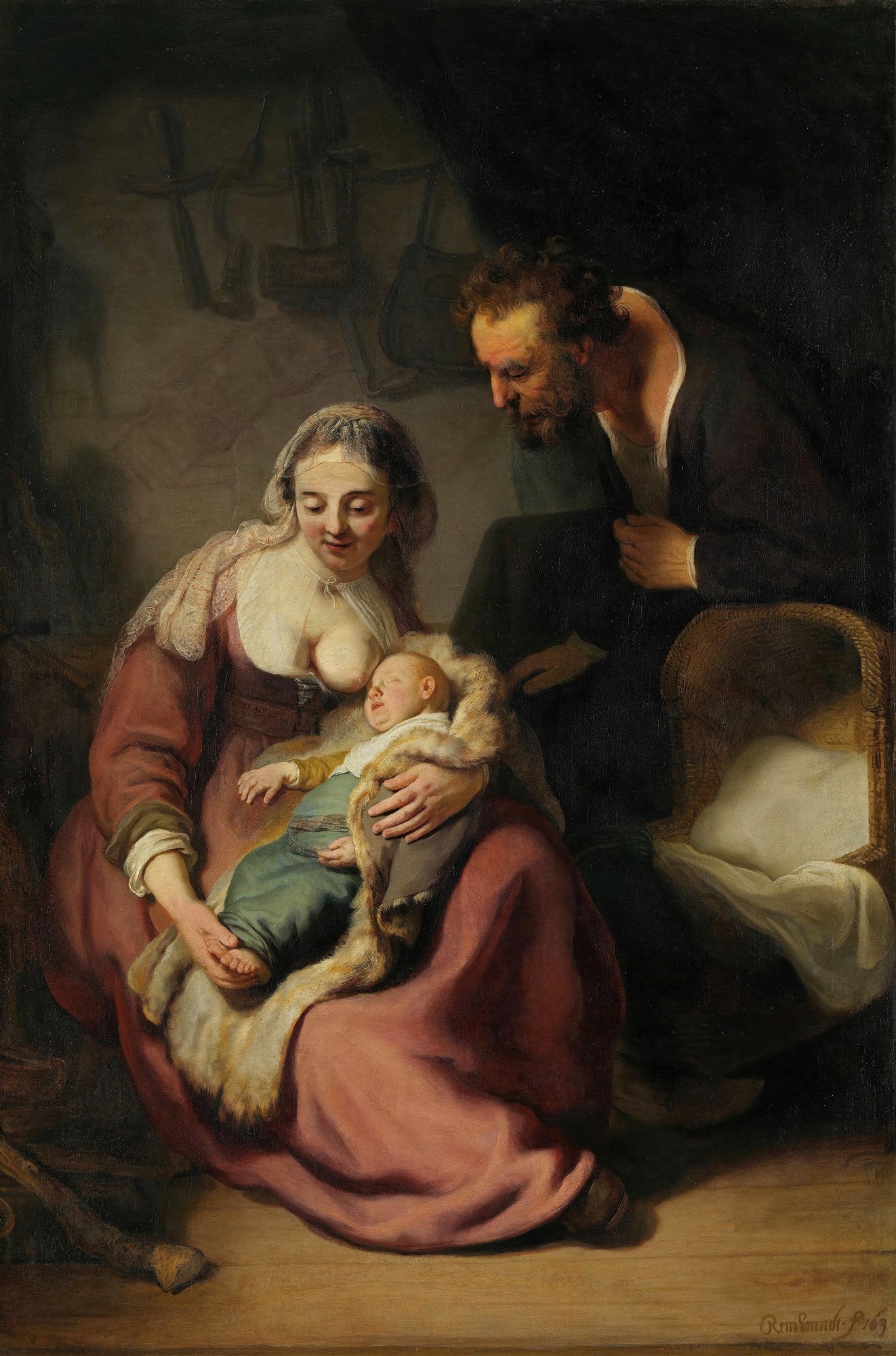 Quadro decorativo da obra 'A Sagrada Família (Noite)' de Rembrandt, mostrando Maria amamentando o Menino Jesus, com José observando, em tons terrosos e iluminação dramática.