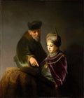 Quadro decorativo com pintura a óleo de Rembrandt, 'O Erudito e seu Aluno', mostrando um homem mais velho com barba ensinando um jovem ricamente vestido, ambos debruçados sobre um livro antigo em uma cena de claro-escuro.